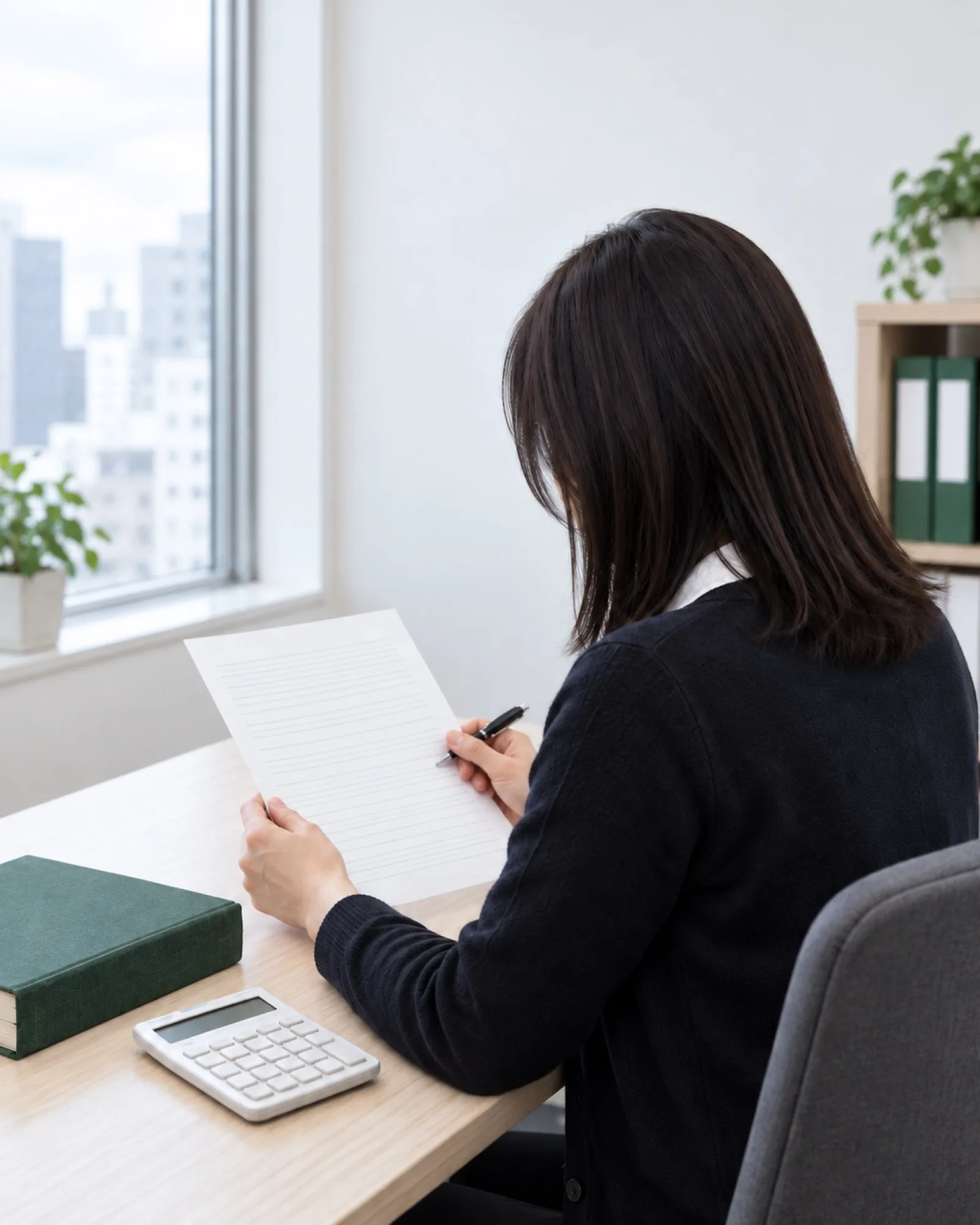 窓辺の机で書類に目を通す税理士の横顔と手元（イメージ・見本）